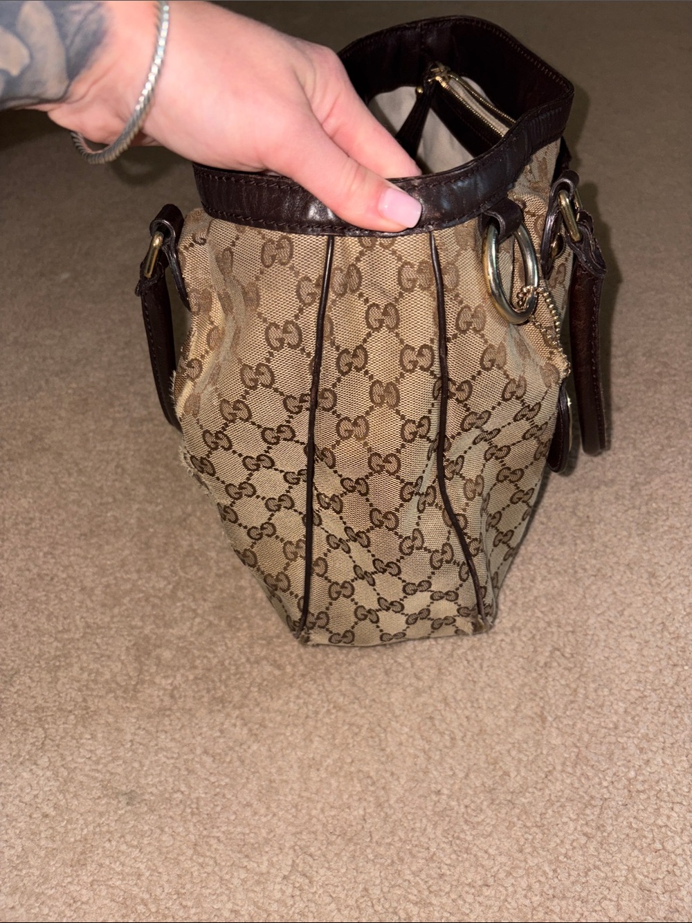 Gucci Beige GG Canvas Shoulder Bag with Brown Trim and Gold Charm - Picture 10 of 15